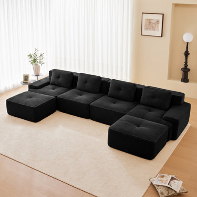 Canapé modulaire en forme de U de 153 po de largeur, tissu en velours côtelé de 153 po, siège à 4 places avec siège profond et repose-pieds mobile à 2 po, passepoil perlé, conception capitonnée, sans assemblage