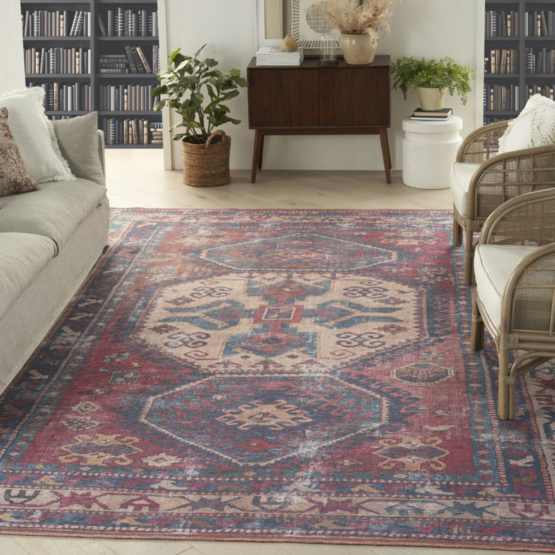 Tapis géométrique bleu et rouge tissé à la machine 9 pi x 12 pi