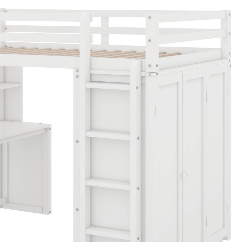 Lit mezzanine avec tiroirs, bureau et garde-robe, Blanc