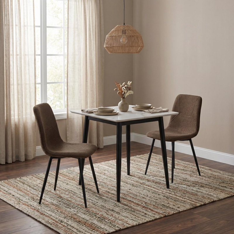 3 Piece Marble Effect Square Dining Table & Chairs Set, Dark Brown, Cream