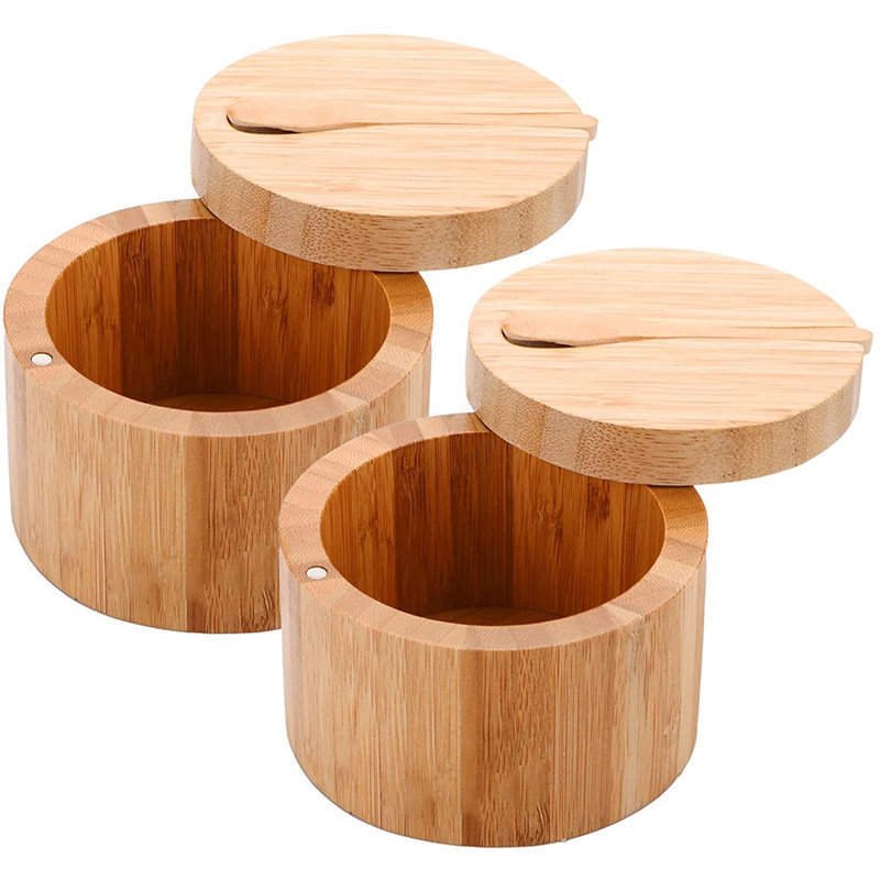 2 Pack Bamboo Seasonings Box With Spoons - Bamboo Salt Box With Lids Bamboo Pepper Spice Cellars Storage Container