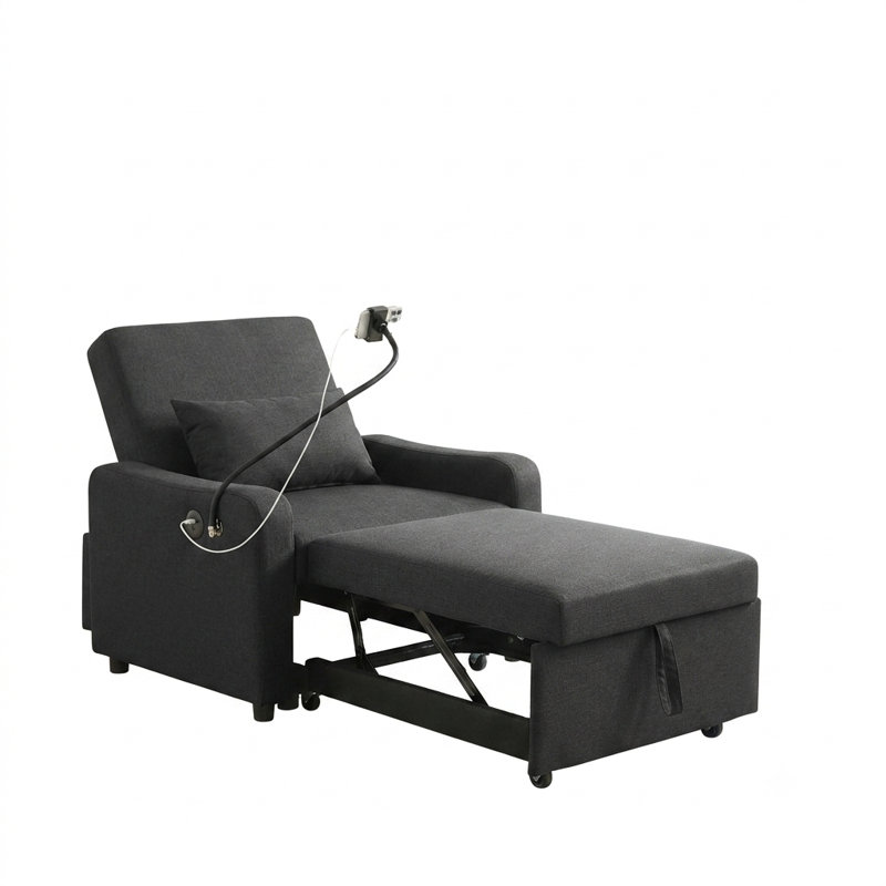 Fauteuil-lit convertible 3-en-1 avec dossier réglable, support pour téléphone et port de charge USB, Noir