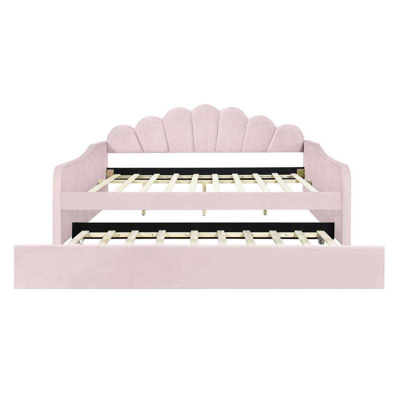 Lit de jour rembourré rose avec couchette - Velours confortable, structure stable et pratique, Rose