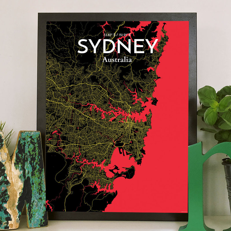 Sydney City Map 1 Piece Wall Art, 70cm H x 50cm W x 0.13cm D