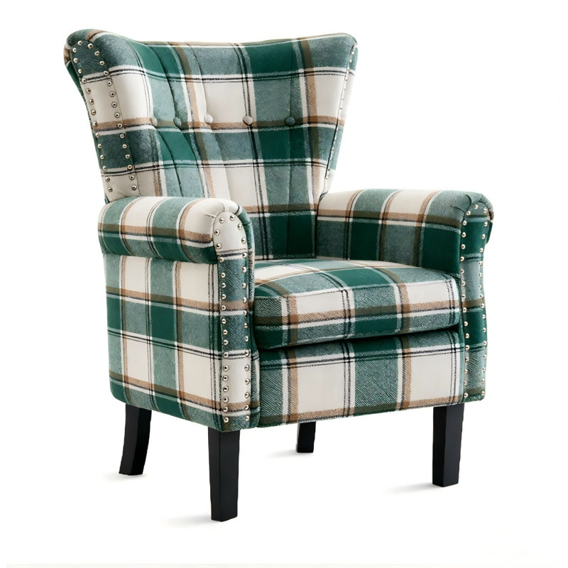 Velvet Accent Chair Upholstered Tufted Wingback With Nailhead Around For Room, True Green/White Fabric
