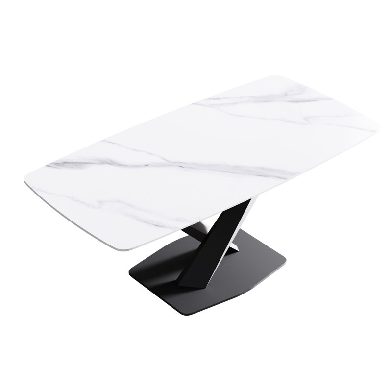 Table de salle à manger moderne 71,95 po en pierre frittée blanche avec pieds en métal noir - convient à 6 à 8 personnes avec structure ferme 6 8