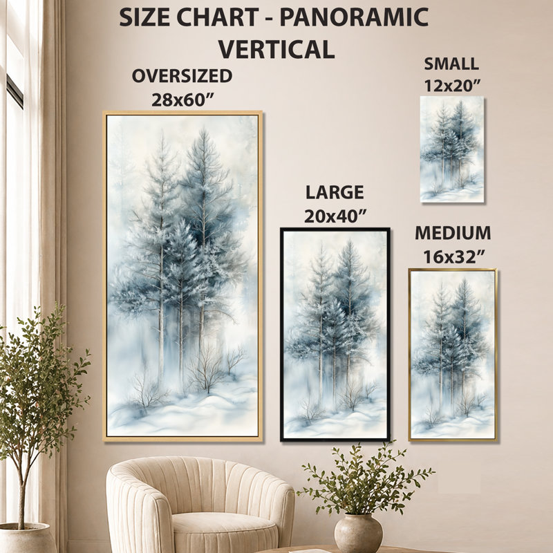 «Blue White Fading Light Gradient Forest Landscape V - Blue Peaceful Large», reproduction d'art sur toile encadrée rustique
