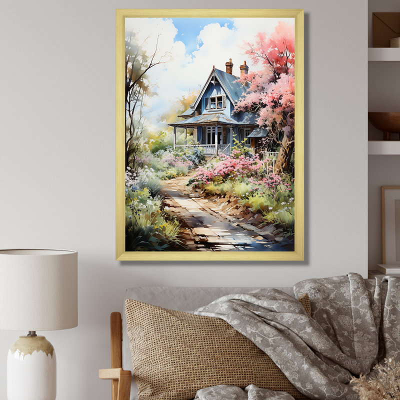 «Blossom Bungalow By The Lake 3», art mural paysage, Encadrement doré, H 40 po x l 30 po x P 1,5 po
