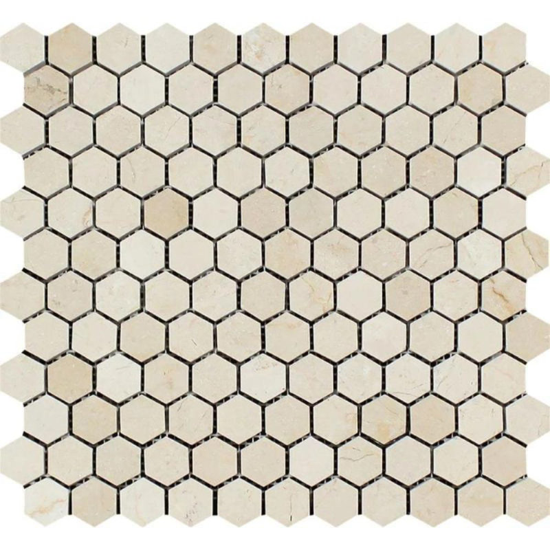 Carreau de mosaïque mural en nid d’abeille 1 po x 1 po en marbre, Crema Marfil poli
