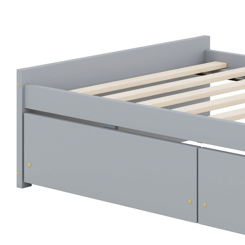 Lit en bois d'hévéa massif avec 2 tiroirs pour le rangement, Gris