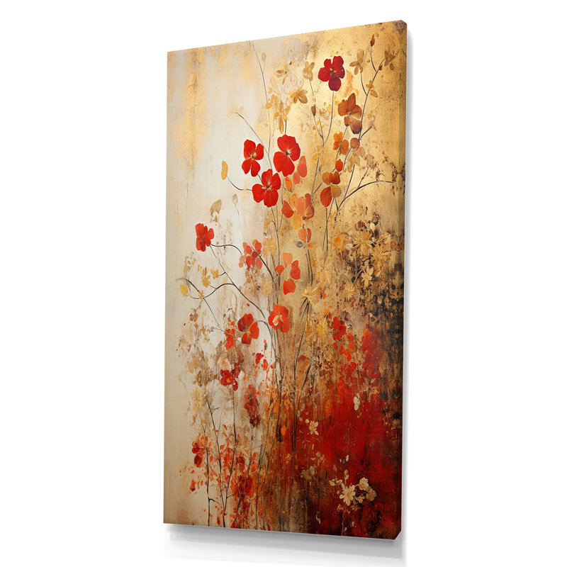 «God and Red Floral Japanese Tiles I», art mural botanique, Toile tendue, H 60 po x l 28 po x P 1,5 po