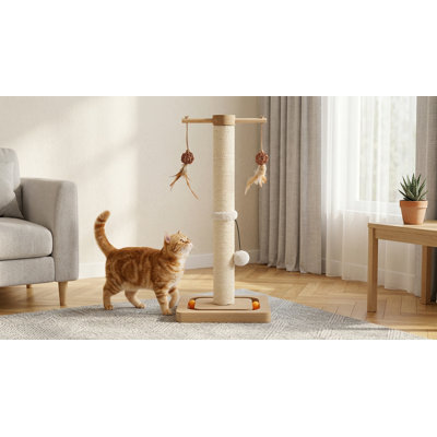 Sisal Cat Scratching Post for Indoor Kittens & Cats, 25 Inches with Interactive Tracking Toy, Beige