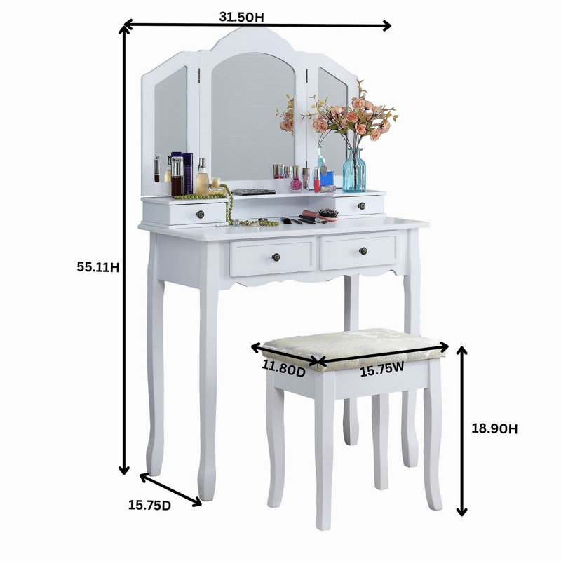 Ensemble de coiffeuse et tabouret en bois pour chambre à coucher, Blanc
