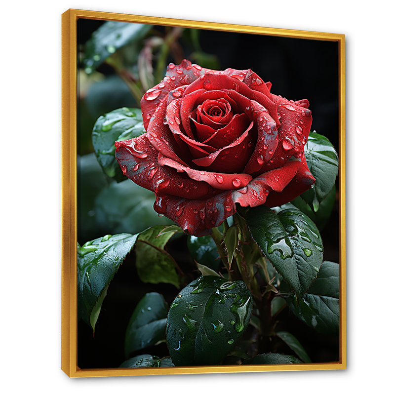 Rétro rose rouge II - roses, art mural, Cadre flottant doré, 32" H x 24" W