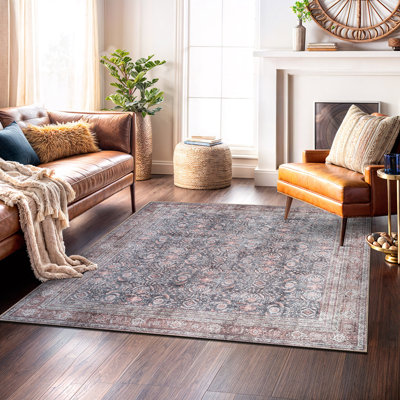 Labarbera Machine Washable Charcoal/Red Non-Slip Backing Area Rug