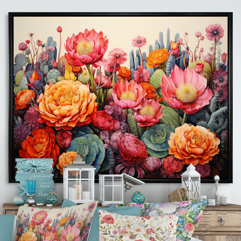 Désert cactus jardin IV - art mural désert, H 30 po x l 40 po x P 1,5 po, Cadre flottant noir