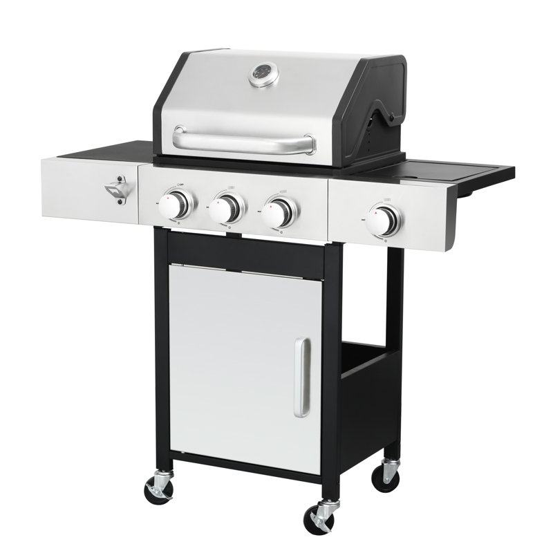 Barbecue au gaz avec 3 brûleurs, brûleur latéral et thermomètre en fonte émaillée 3 brûleurs au propane, roues portatives