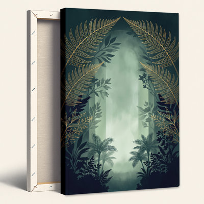 " Gold Fern Fronds And Dark Green Foliage In Misty Forest "