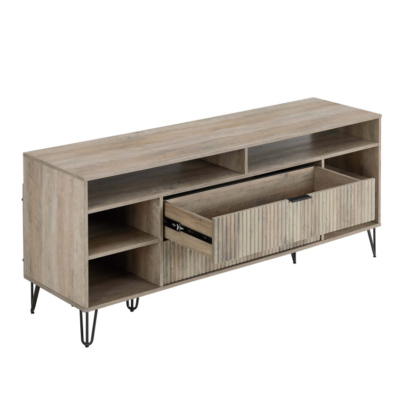 DUMBO 63" Mid-Century Modern TV Stand with 6 Shelves and 2 Drawers, Rustic Gray