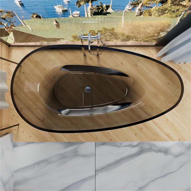 70.86" x 33.46" W Clear Resin Stone Freestanding Bathtub with Pop-Up Drain and Overflow, Noir gris
