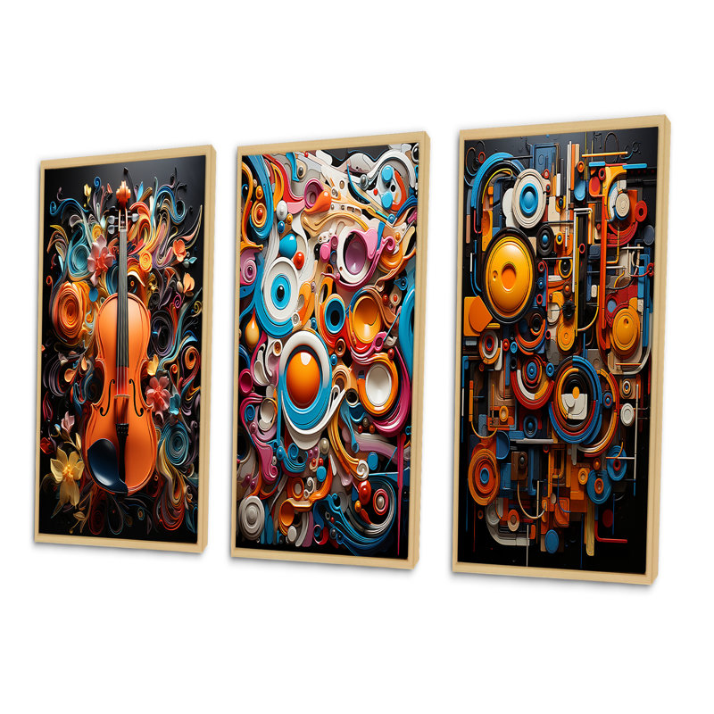 «Opt Art Vibrant Symphony», 3 pièces sur toile, Cadre naturel flottant, H 40 po x l 60 po