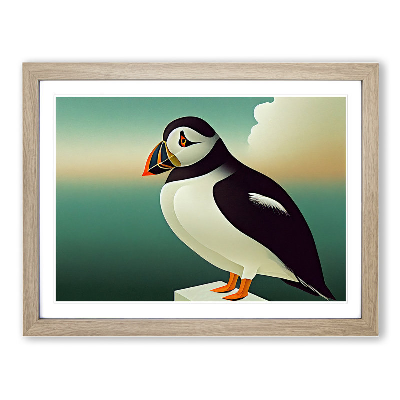 XH1022-6996X Pleasant Puffin Bird - Single Picture Frame Print, 34cm H x 46cm W x 2cm D, Oak Framed