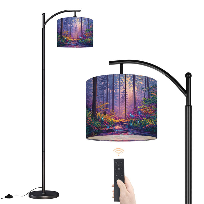 Lampe sur pied à arc avec abat-jour réglable Mystical fantaisie scène forêt lueur bleue mauve violet Lampe sur pied 3 températures de couleur à intensité variable avec mât pour la chambre à coucher