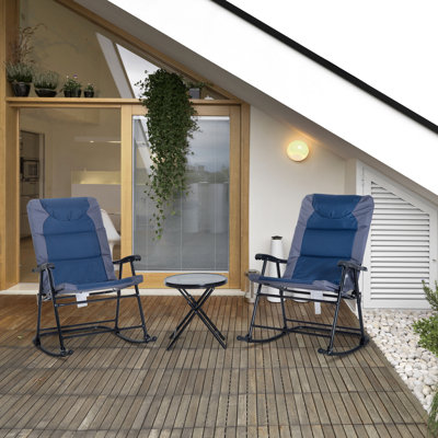 3 pièces de patio extérieur: 2 chaises berçantes et table basse en verre, style bistro, porche, camping, balcon, configuration avec bleu, pour véranda