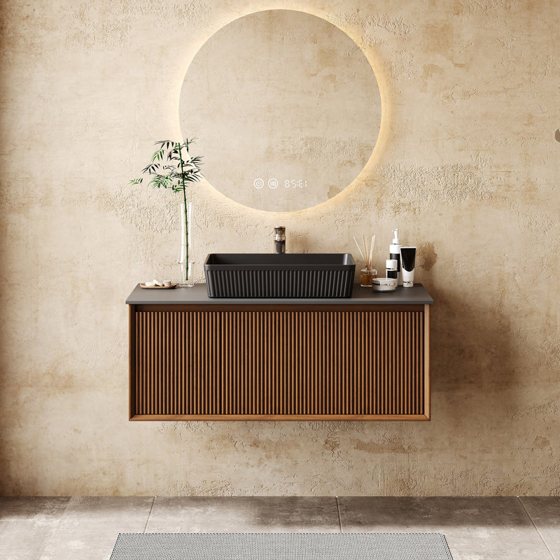 36" Mid Century Bathroom Vanities With Single Sink, Brown Wood Texture, Floating Vanity With Grey Sintered Stone Table Top