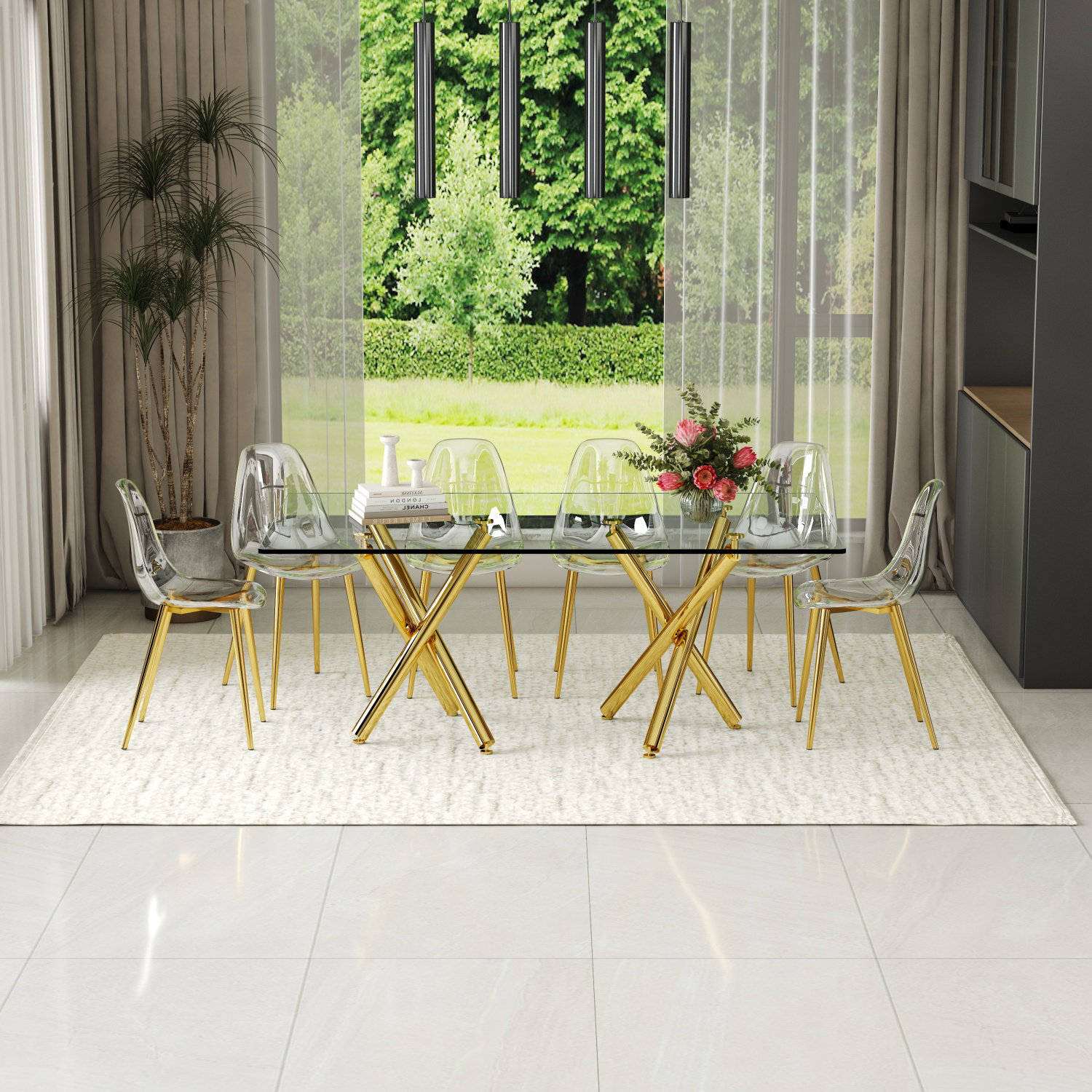 Mercer41 71'' Rectangular Glass Dining Table Set With Clear PET Chairs ...