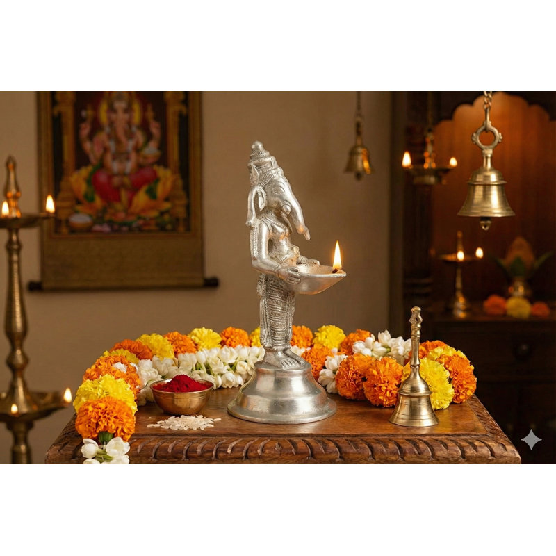 5" Handmade Brass Ganesha Oil Lamp Auspicious Standing Figure Indian Home Decor Lighting, Silver