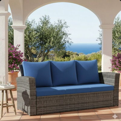 Canapé de patio 67,7 po en osier 3 places avec coussins bleus épais et structure noire