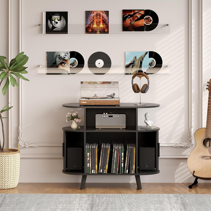 Armoire tourne-disque moderne 35 po Mid Century, tourne-disque rond en bois avec station de charge, tablette de rangement arquée cannelée pour le salon et la chambre à coucher, noir