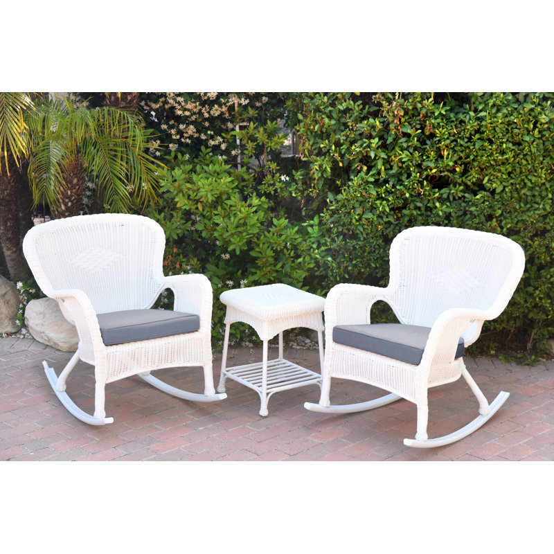 Chaise berçante en osier et table de bout avec coussins Windsor, Bleu acier, blanc