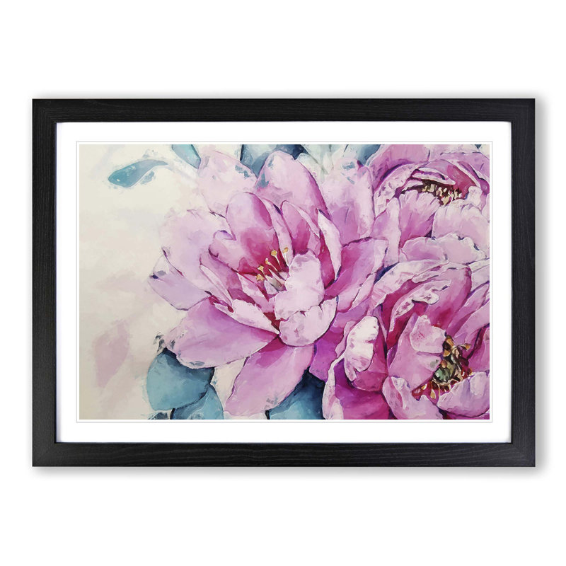 Watercolour Pink Peonies in Abstract - Picture Frame Painting Print, Black, 50cm H x 76cm W x 2cm D