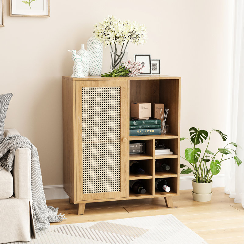 Buffet de 34 pouces avec vin, buffet de salon à la maison, une tablette fermée et deux tablettes ouvertes, - porte d'entrée, idéal pour une utilisation dans une cuisine, armoire de bar, 6 espaces, design, longue durée convenant à diverses pièces