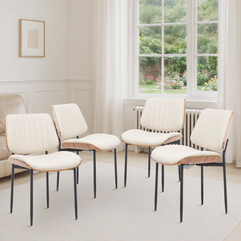 Faux Leather Dining Chair with Walnut Bentwood Back & Seat Base – Breathable Chair with Metal Legs, Beige