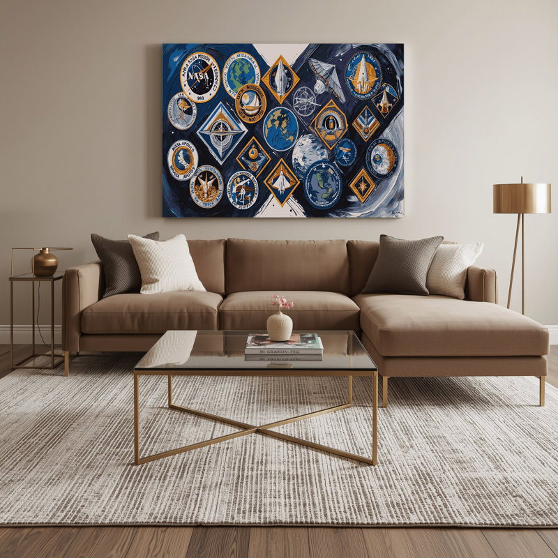 «Space Moon Landing Mission Patchs», art mural sur toile grise, H 12 po x l 18 po