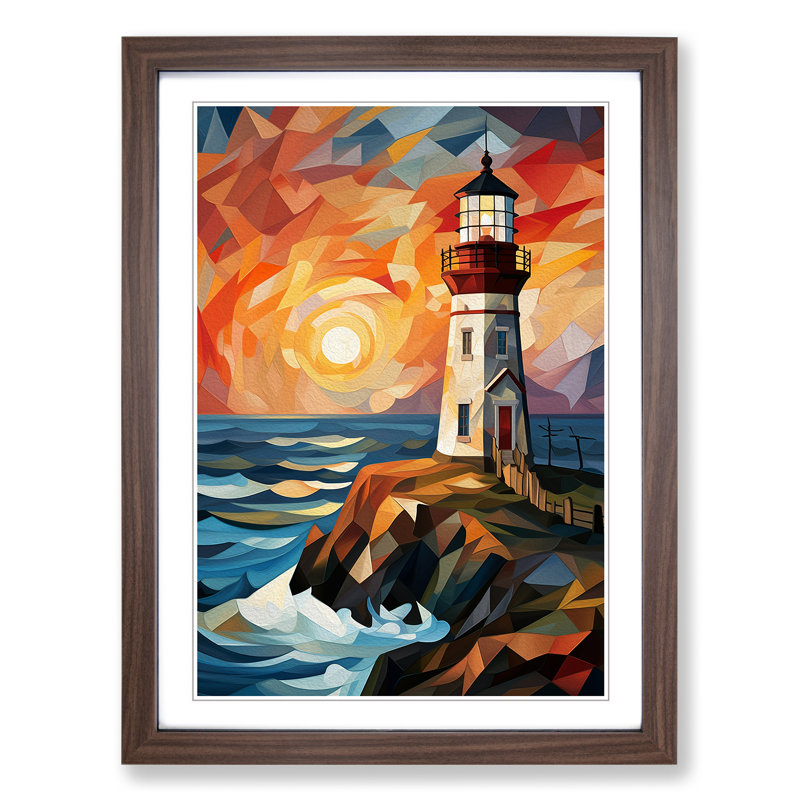 Lighthouse Cubism No.2 - Single Picture Frame Print on Wood, 64cm H x 46cm W x 2cm D, Walnut