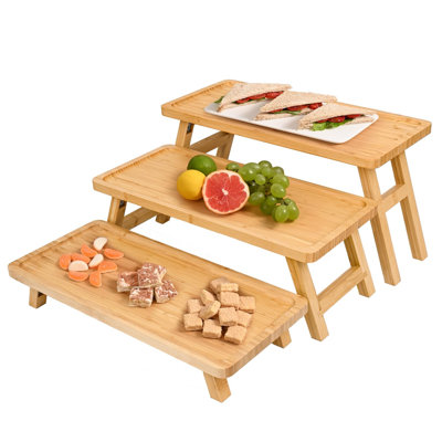 Présentoir à petits gâteaux en bambou naturel, tour de présentoir à petits gâteaux pliable à 3 niveaux, plateau de service de table à dessert pour anniversaire / mariage / Noël / fête, planches de charcuterie, couleur bambou