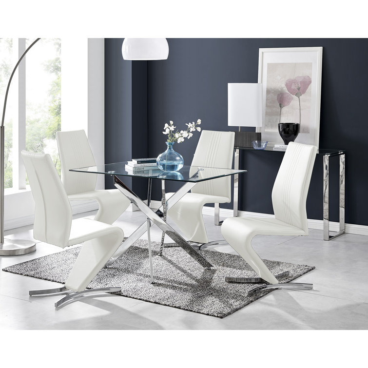 Lenworth Chrome and Glass Rectangular Dining Table Set with 4 Modern Design Faux Leather Chairs