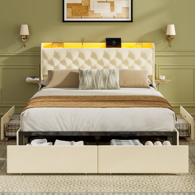 REAHOME King Bed Frame with 4 Storage Drawers Beige