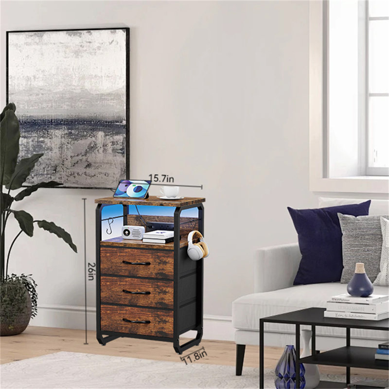 Multifunctional LED Nightstand With Charging Station & Storage, Brown/Black