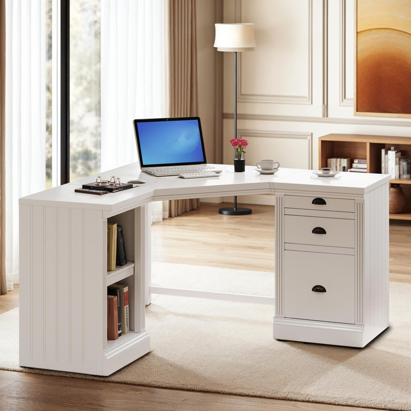 Bureau de direction moderne en L 57,68 po avec 3 tiroirs et tablettes ouvertes Modern