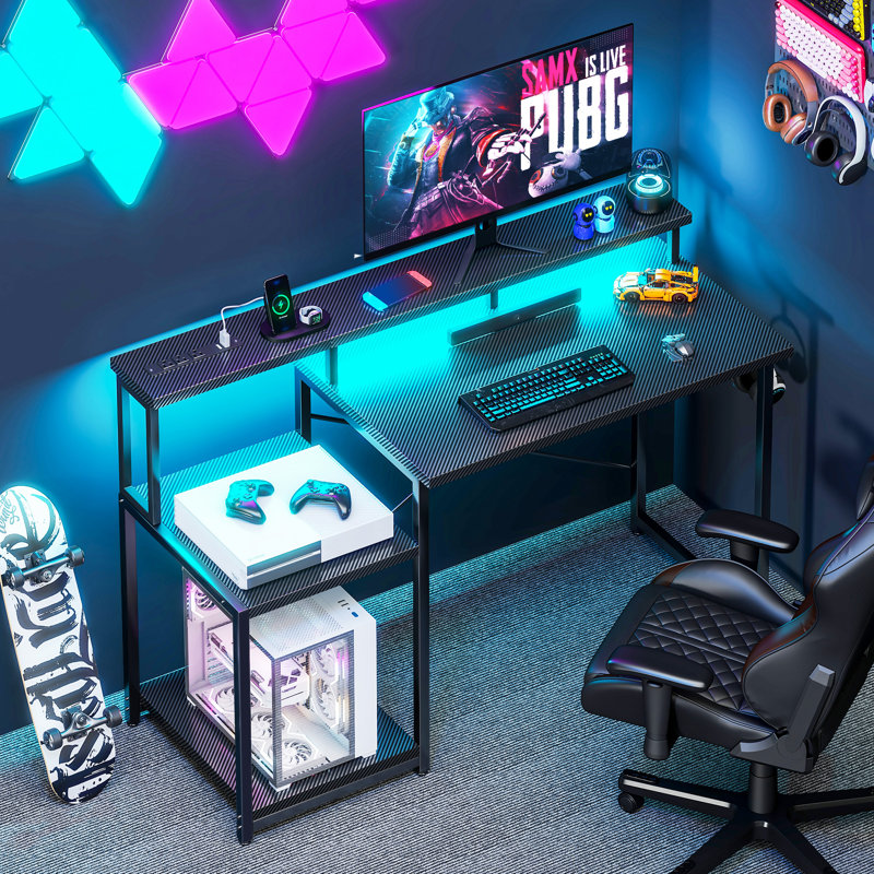 Nergui Home Office Computer Desk with Power Outlet,LED Lights & Adjustable Shelf, Black/Black
