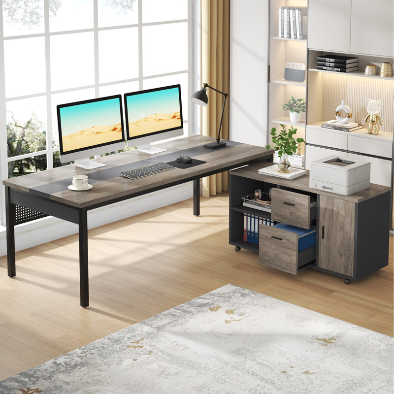 Bureau de direction en L avec cabinet Jomar, Gris / Noir