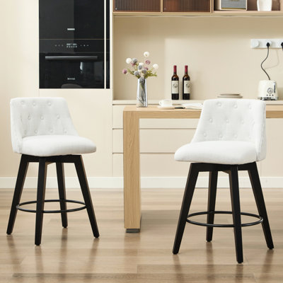 Tabourets de bar pivotants 25 po de 25 po - Lin moderne revêtu de boutons et de bois massif. Pivotant à 360 degrés, pieds réglables pour se stabiliser sur n'importe quelle surface. Pour îlot de cuisine, bar pour le petit-déjeuner. Blanc