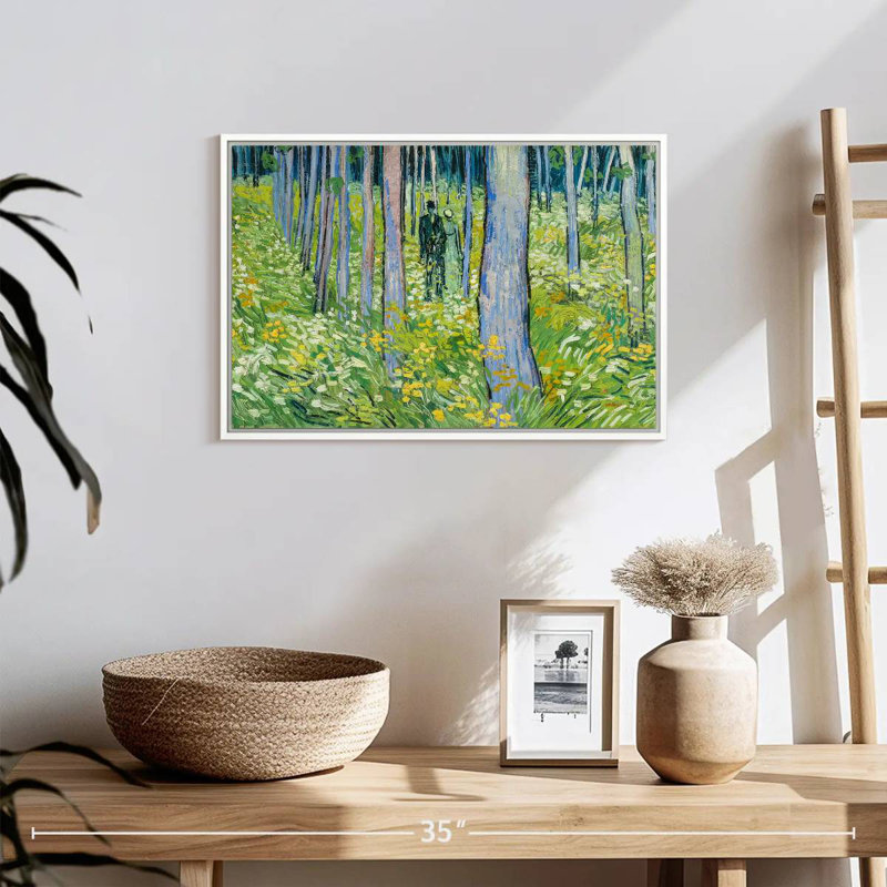 Sous-bois avec deux personnages, Cadre flottant blanc, 19 po x 13 po