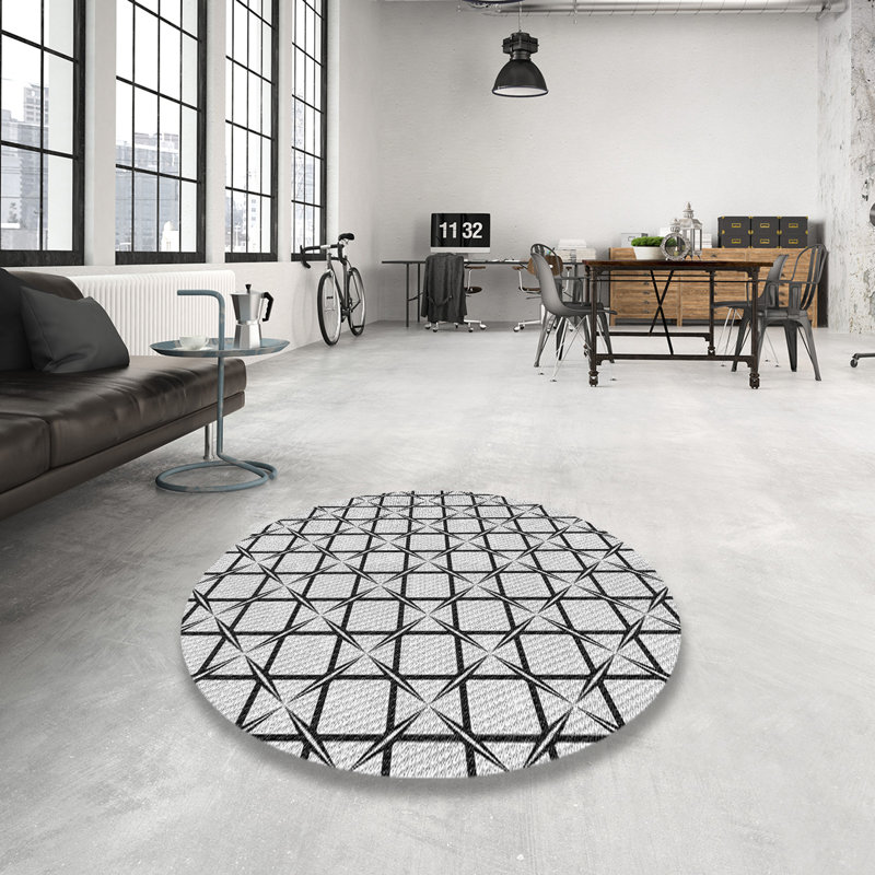 Tapis gris/crème tissé à la machine, Rond 4 pi