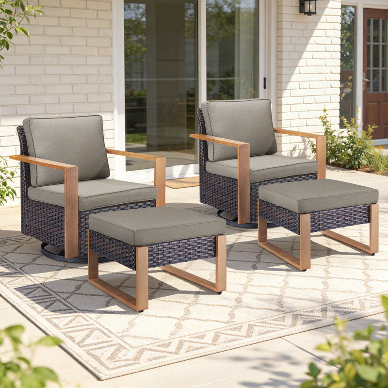 Bothwell 4-Piece Outdoor Conversation Set With Wicker Swivel Rocking Chairs And Ottomans, Brown, Gray